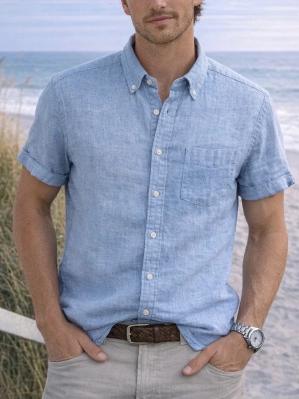 J. Crew Linen Blend Light Blue Chambray Short Sleeve Button Down Shirt - Beach